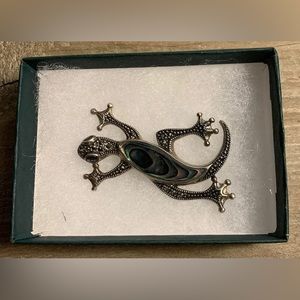 Vintage Lizard Pin Sterling Silver Abalone & Marcasite 2” Brooch
